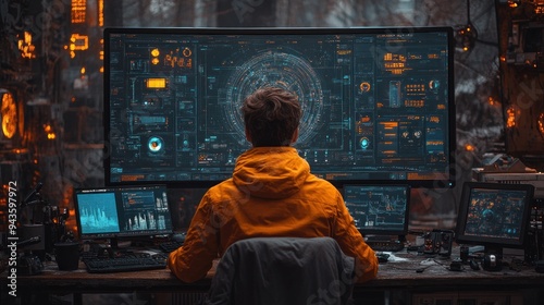 Person in yellow jacket at high-tech workstation