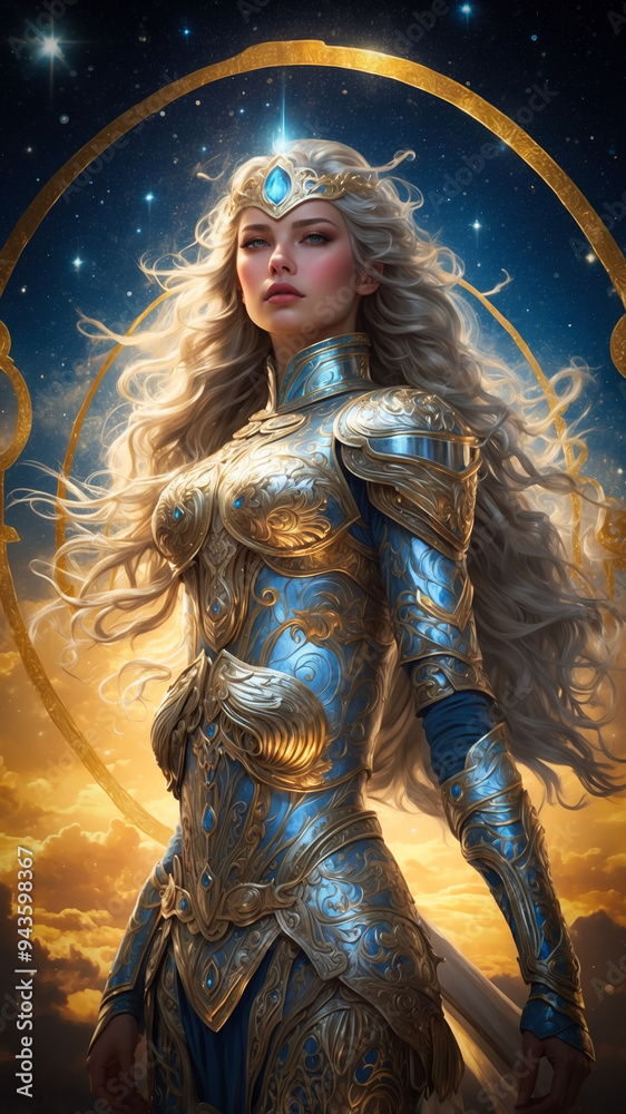 A valkyrie with metallic armor under a celestial sky A valkyrie with metallic armor under a celestial sky