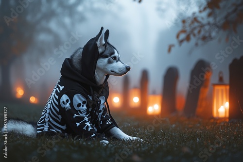 A dog dressed in a Halloween costume, featuring fun and spooky elements. Perfect for themes of Halloween, pets, and festive celebrations photo