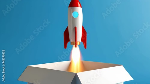 Toy rocket taking off from a box, startup, business and delivery concept.