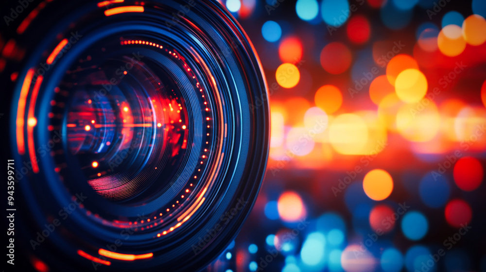 Abstract video camera lens with colorful lights. Concept of digital media production in cinema and television.