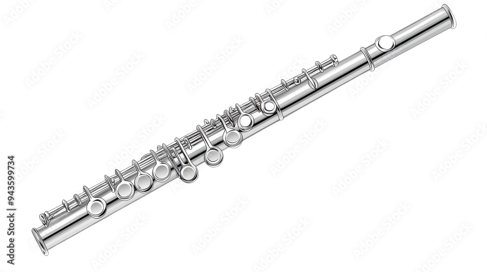 Fototapeta premium A beautifully crafted silver flute showcasing intricate details and design, perfect for music lovers and instrument enthusiasts. Isolated on transparent background.