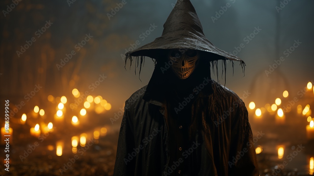 man with a halloween pupkin head. Houses shrouded in white fog, twilight, dark terrifying silhouettes, horror, night, evil spirits, Mystic concept. man with a halloween pupkin head. Houses shrouded in white fog, twilight, dark terrifying silhouettes, horror, night, evil spirits, Mystic concept.