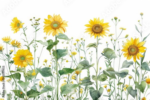 Beautiful botanical illustrations with yellow sunflowers, summer flowers illustration on white background