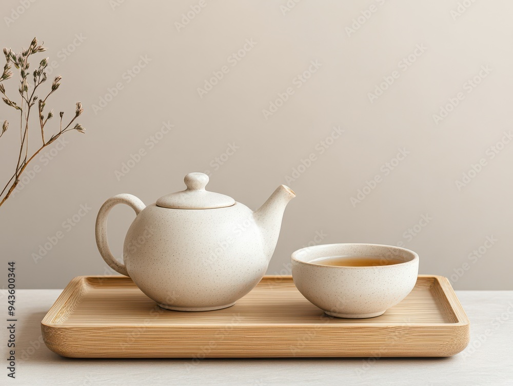 A minimalist tea set featuring a ceramic teapot and cup on a wooden tray against a neutral backdrop, ideal for calming moments. A minimalist tea set featuring a ceramic teapot and cup on a wooden tray against a neutral backdrop, ideal for calming moments.