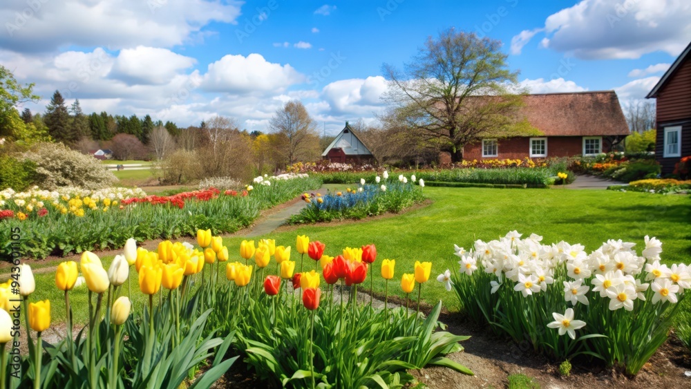 Obraz premium A Springtime Garden Scene with Flowers and a House in the Background