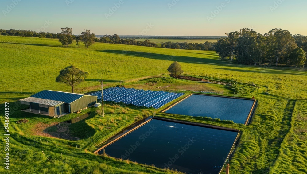 Sustainable Farm with Solar Panels and Water Reservoirs