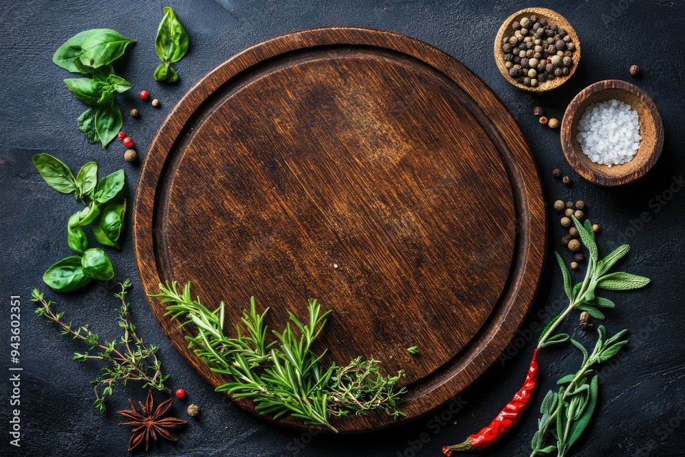 Empty wooden round board on dark background with herbs and spices Empty wooden round board on dark background with herbs and spices