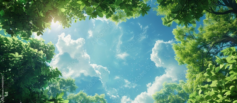 Lush green foliage set against a vibrant blue sky forming a beautiful nature scene with a canopy of towering trees framing the copy space image Lush green foliage set against a vibrant blue sky forming a beautiful nature scene with a canopy of towering trees framing the copy space image