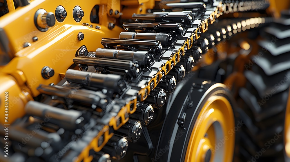 Close-up of a yellow construction vehicle's track and chain system. Close-up of a yellow construction vehicle's track and chain system.