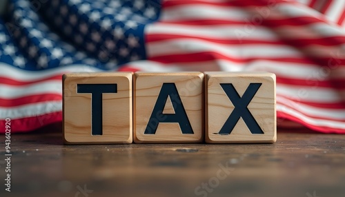 American Tax Concept with United States Flag and TAX Letters on Wooden Background, Costs and expenses of the business. Taxation. Pay off debt. Freedom from illegal taxes photo