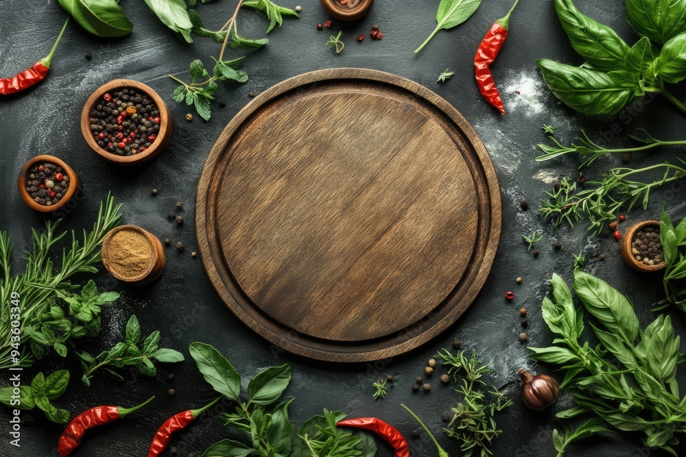 Empty wooden round board on dark background with herbs and spices Empty wooden round board on dark background with herbs and spices