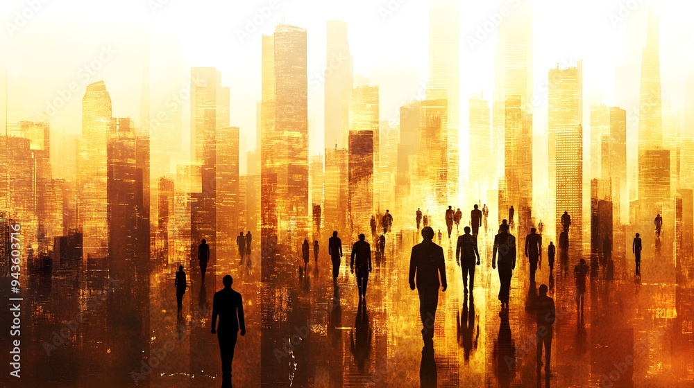 Dynamic Urban Pulse - City Skyline and Silhouetted Crowd Embodying Metropolis Energy and Spirit Dynamic Urban Pulse - City Skyline and Silhouetted Crowd Embodying Metropolis Energy and Spirit