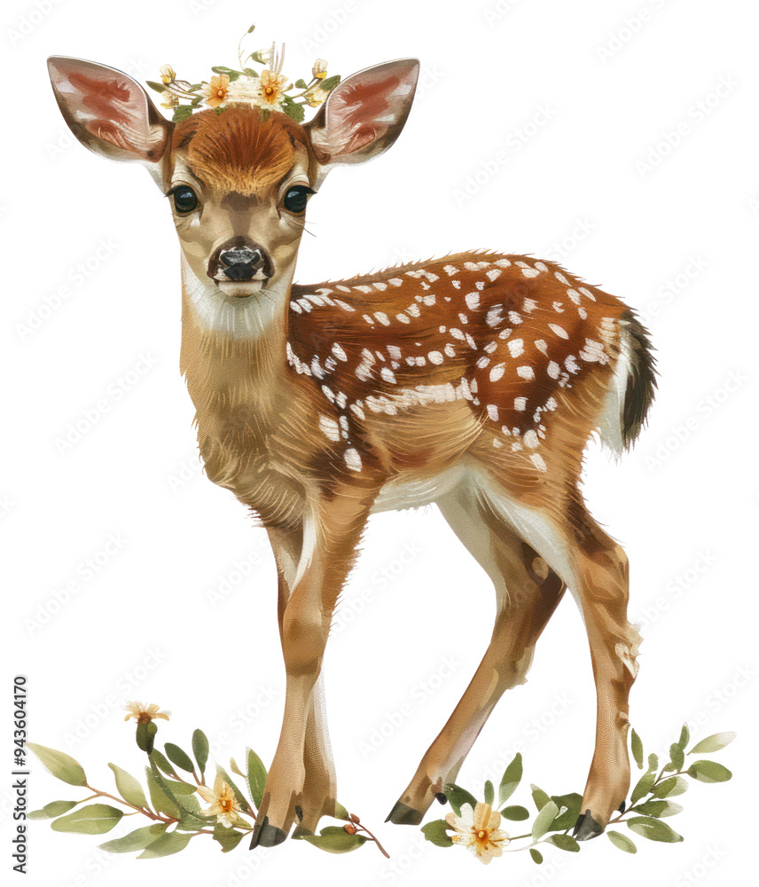 Fototapeta premium PNG Adorable fawn with floral crown