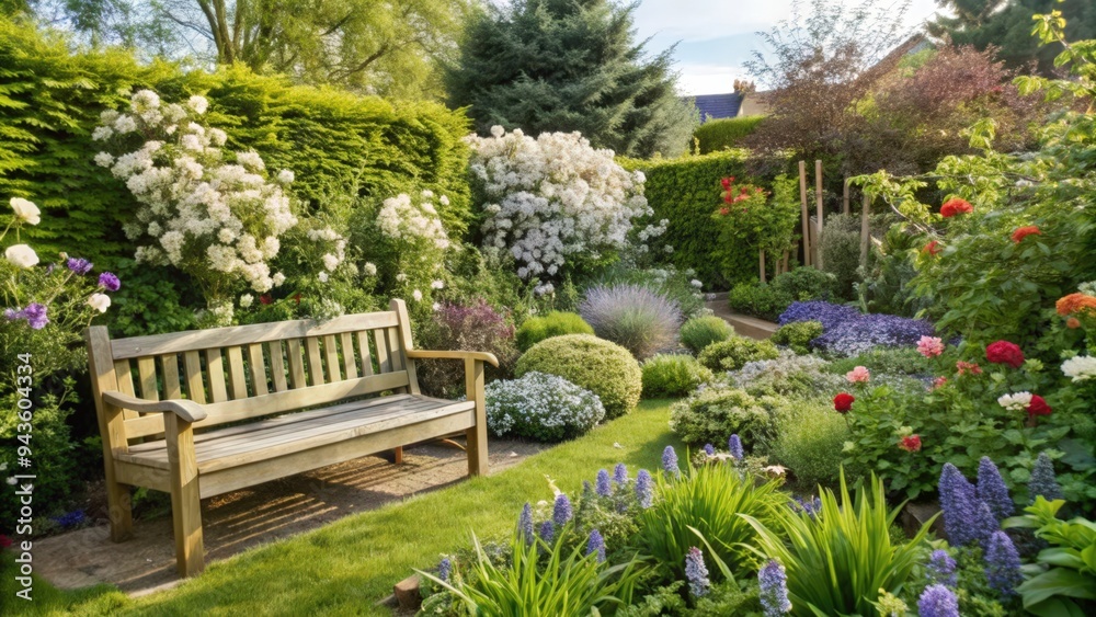 Obraz premium Wooden Bench in a Lush Garden Setting