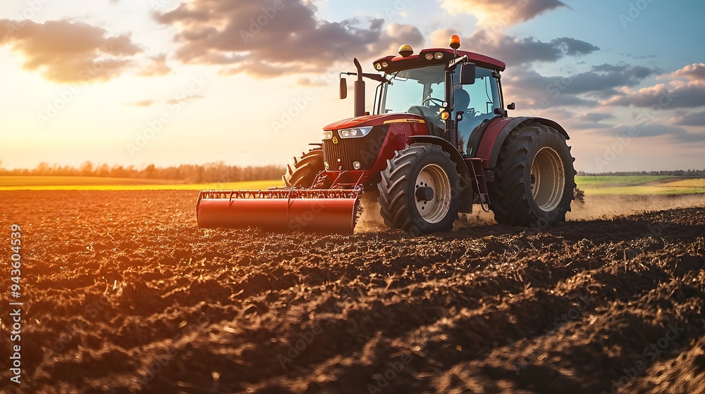 Red tractor plowing a field at sunset with a dramatic sky. Red tractor plowing a field at sunset with a dramatic sky.