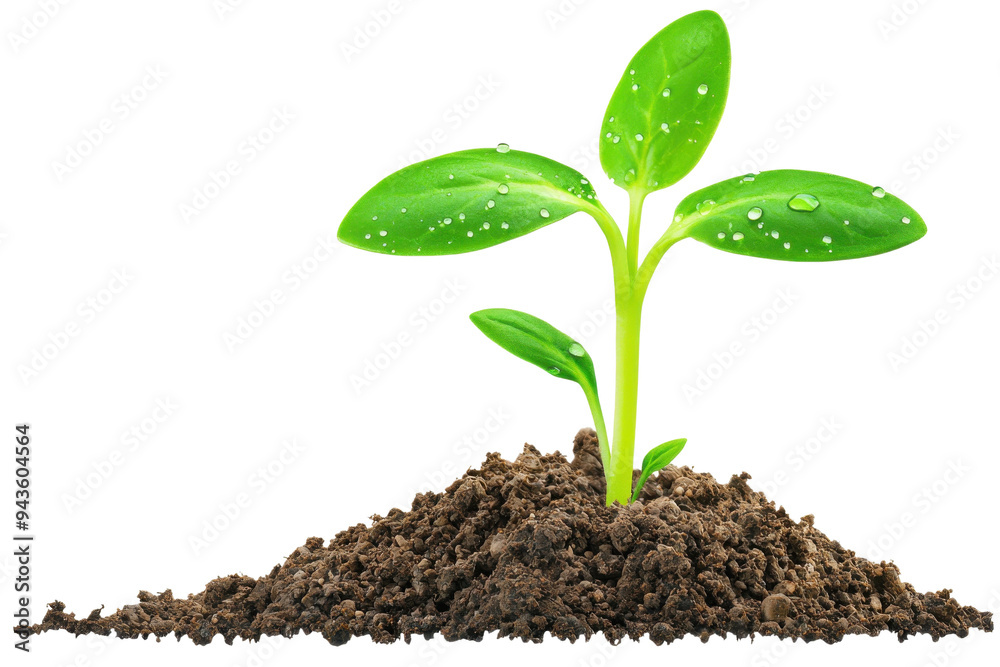 A young green plant emerging from rich brown soil, symbolizing growth and renewal in nature. Isolated on transparent background. A young green plant emerging from rich brown soil, symbolizing growth and renewal in nature. Isolated on transparent background.