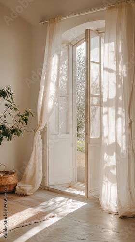 Sunlit entryway with open Frenc doors flowing sheer curtains soft natural light indoor plant earthy decor mediterranean style cozy inviting warm tones peaceful atmosphere cottagecore rustic chic photo