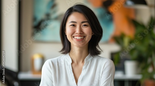 Chief Happiness Officer smiling in a vibrant workspace with plants and artwork