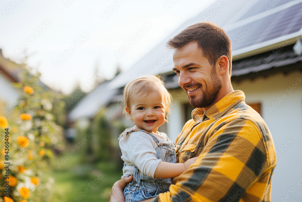 Dad Holding Daughter, Showing House with Solar Panels. Dad Holding Daughter, Showing House with Solar Panels.