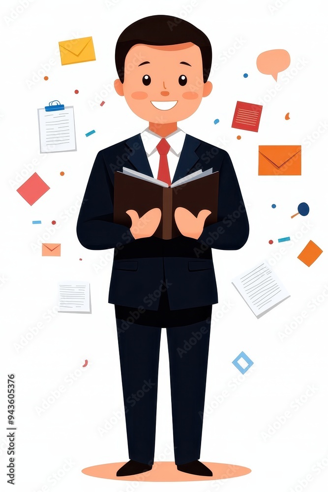A cheerful businessman holding a binder, surrounded by documents and icons, representing organization and success in the workplace. A cheerful businessman holding a binder, surrounded by documents and icons, representing organization and success in the workplace.