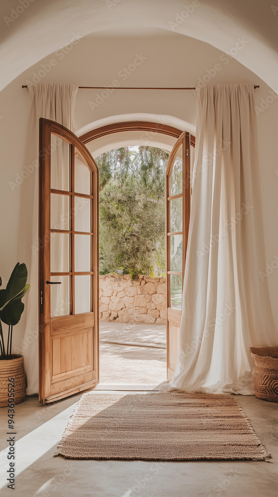 Fototapeta premium Aarched doorway with open wooden double doors light beige curtains minimal rustic decor sunlight flowing indoor plant wicker baskets bohemian mediterranean style home inviting entrance concept