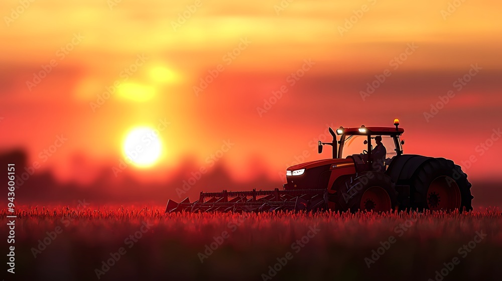 Fototapeta premium Silhouette of a tractor against a vibrant sunset in a rural field.