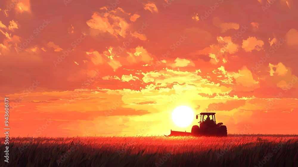 Silhouetted tractor against a vibrant sunset in a golden field. Silhouetted tractor against a vibrant sunset in a golden field.