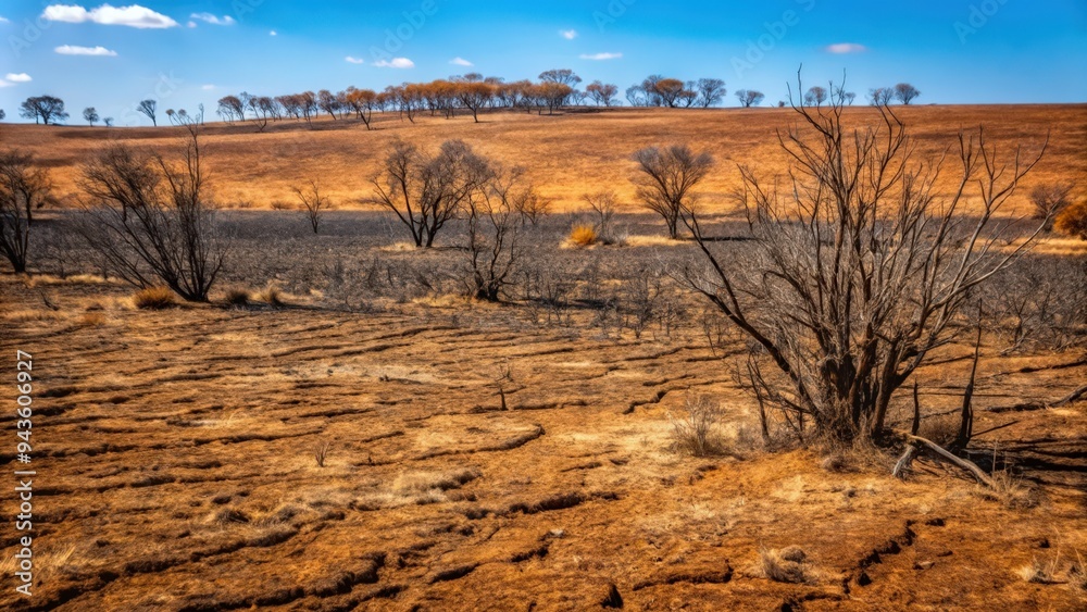 Naklejka premium Dry, Burnt Landscape with Scattered Trees and a Blue Sky