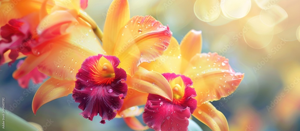 A detailed macro shot of a vibrant yellow and red Cattleya rechara frances fox Orchid flower from the Myrmecatavola genus with copy space image