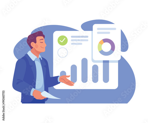 Business Process with Man Busy with Analytics Vector Illustration