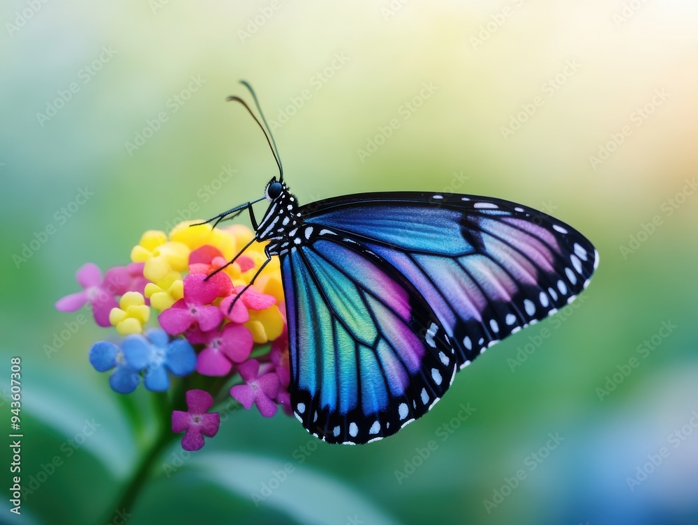 Naklejka premium A vibrant butterfly perched on colorful flowers, showcasing nature's beauty and delicate ecosystems in a serene environment.