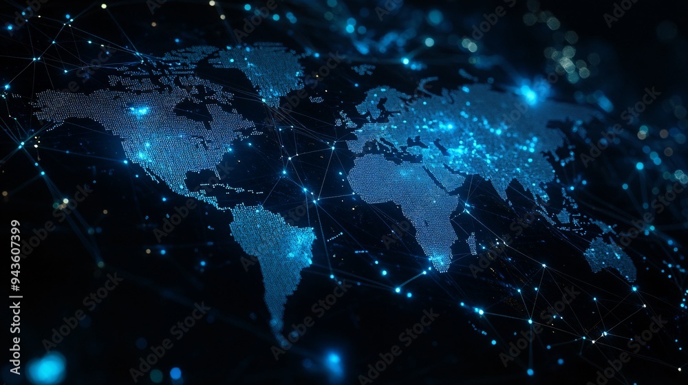 Glowing blue network map overlay on a dark world map background Glowing blue network map overlay on a dark world map background