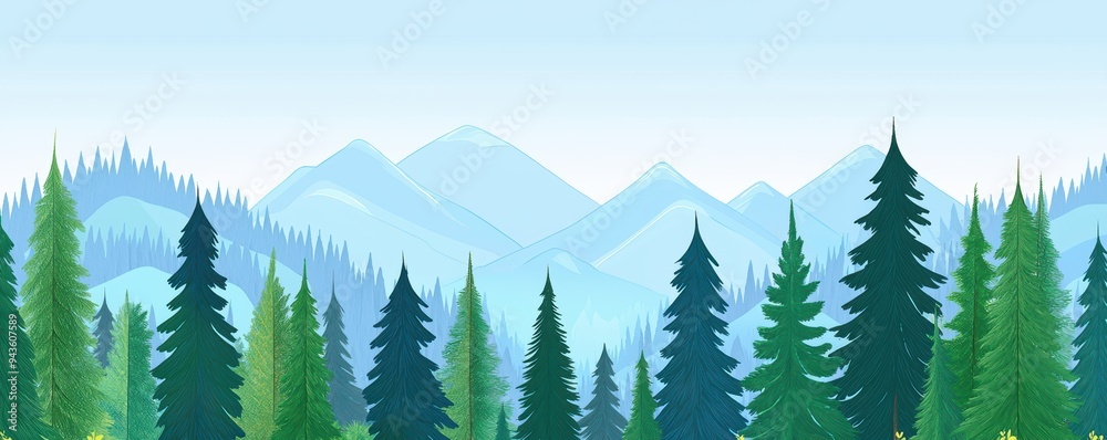 Fototapeta premium Pine forest landscape flat design front view natural beauty theme cartoon drawing colored pastel