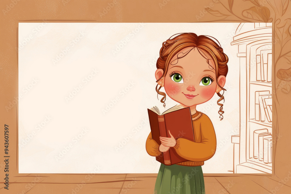 Cute girl holding book. Back to school cartoon illustration. Happy Student character for school, preschool, kindergarten. AI generated Cute girl holding book. Back to school cartoon illustration. Happy Student character for school, preschool, kindergarten. AI generated