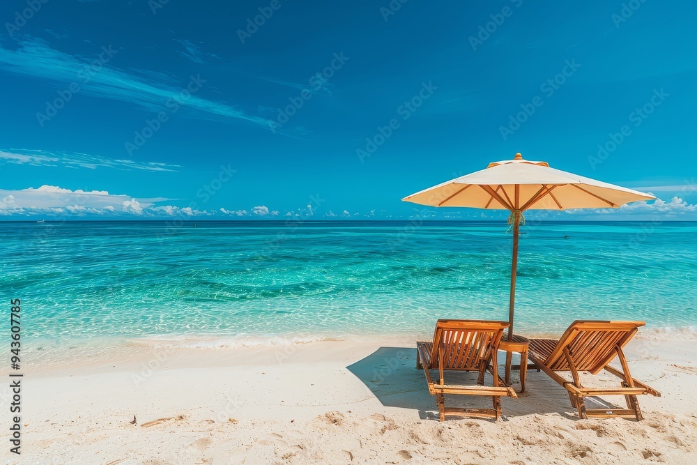 Serene Beach Scene with Wooden Chairs Under Umbrella Overlooking Turquoise Ocean and White Sand, Inviting Relaxation Serene Beach Scene with Wooden Chairs Under Umbrella Overlooking Turquoise Ocean and White Sand, Inviting Relaxation