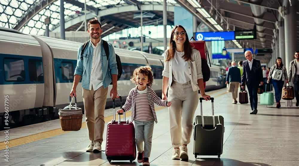 Joyful Parents and Children Ready for a Train Trip. A cheerful family stands on the platform, bags in hand, ready for their vacation journey by train