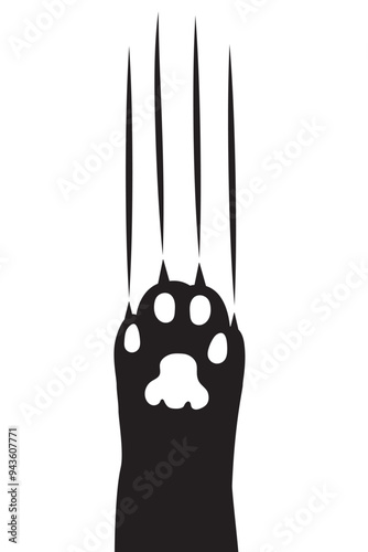 cat paw scratch silhouette. black and white doodle cat foot no people vector illustration.