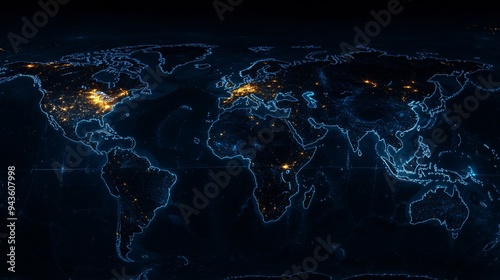 Luminous lines forming a global network on a dark world map #943607998