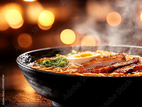 A closeup of a steaming hot bowl of tonkotsu ramen, with rich, creamy broth, tender pork slices, and softboiled egg, captured in a cozy, dimly lit ramen shop photo