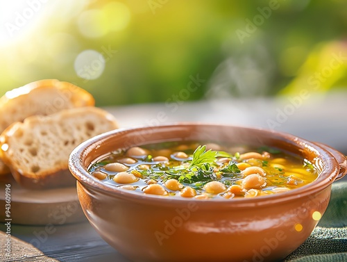 A cozy outdoor evening scene with a bowl of Fasolada photo