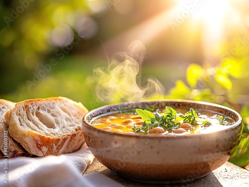 A cozy outdoor evening scene with a bowl of Fasolada photo