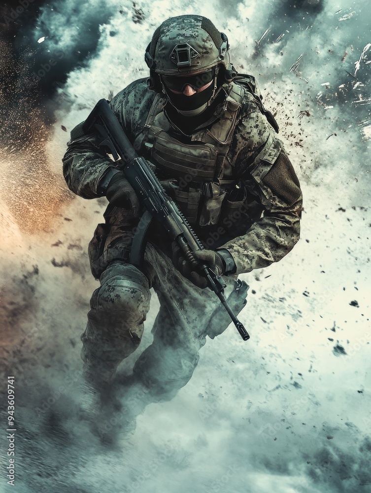 Soldier running with rifle in smoke-filled battlefield