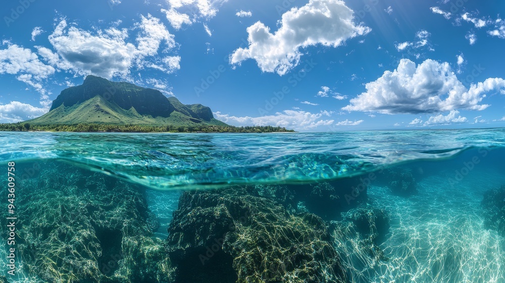 Panoramic view of Mauritius Island showcasing Le Morne Brabant mountain, crystal-clear turquoise waters, and a mesmerizing underwater waterfall illusion. Panoramic view of Mauritius Island showcasing Le Morne Brabant mountain, crystal-clear turquoise waters, and a mesmerizing underwater waterfall illusion.