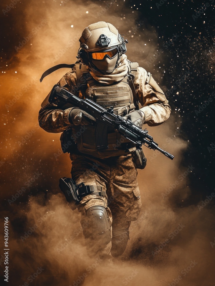 Fototapeta premium Soldier navigating through a smoky battlefield with rifle