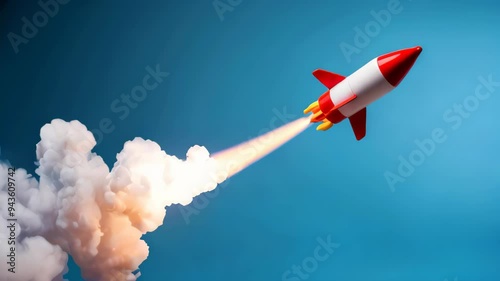 Toy rocket taking off with smoke, startup and business concept.