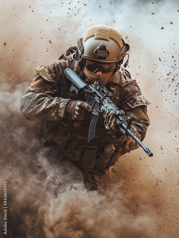 Obraz premium Soldier emerging from smoke with rifle in action