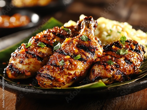 A dish of Ayam Percik, grilled chicken with a spicy coconut gravy, garnished with fresh herbs, served on a banana leaf against a rustic wooden table photo