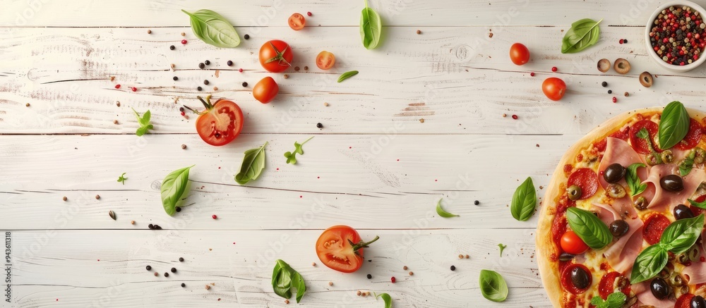 A delicious pizza topped with cured ham olives tomatoes and basil arranged on a white wooden table in a flat lay composition with room for adding text in the image. Creative banner. Copyspace image A delicious pizza topped with cured ham olives tomatoes and basil arranged on a white wooden table in a flat lay composition with room for adding text in the image. Creative banner. Copyspace image