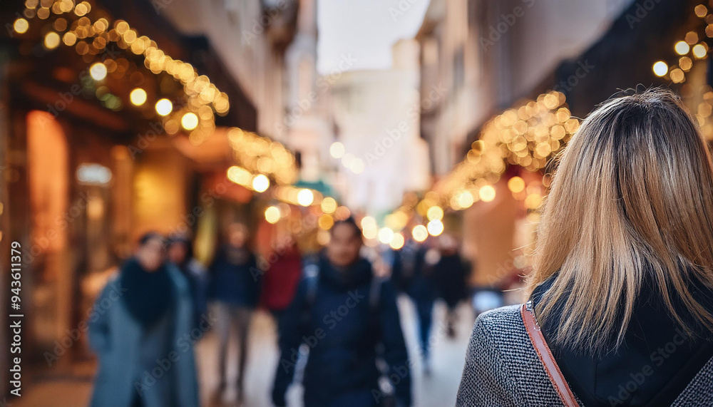 Blurred backdrop with people walking, street with lights on. Blurred backdrop with people walking, street with lights on.